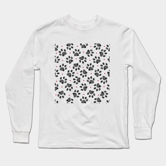 Black paw print with red hearts pattern Long Sleeve T-Shirt by GULSENGUNEL